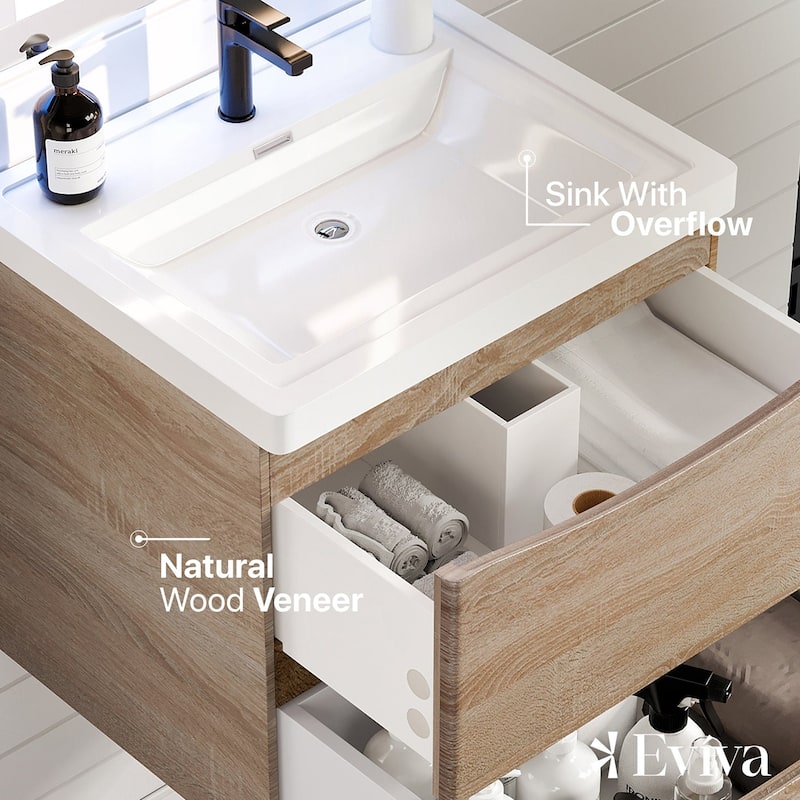 Eviva Smile 24"W White Oak Wall Mount Bath Vanity with Acrylic Top