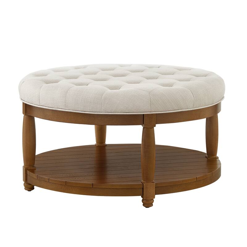 Large Round Tufted Linen Ottoman Coffee Table with Wood Shelf Storage - Ivory White - Ivory