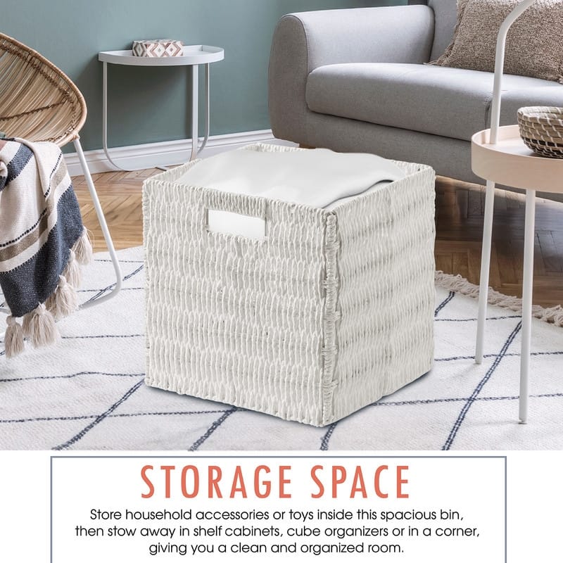 2 Pack Foldable Paper Wicker Shelf Storage Basket Cube Bin with Handles