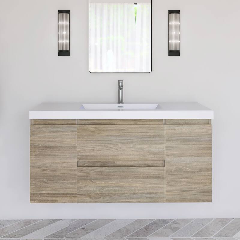 Modern Wall-Mounted Bathroom Vanity with White Solid Surface Top - Grey - 47.24'' x 19.69'' x 22.44''