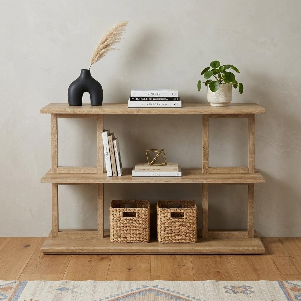 HomeRoots 42" Natural Wood Floor Shelf Console Table With Two Shelves - 42.00 in. x 28.50 in. x 15.75 in.