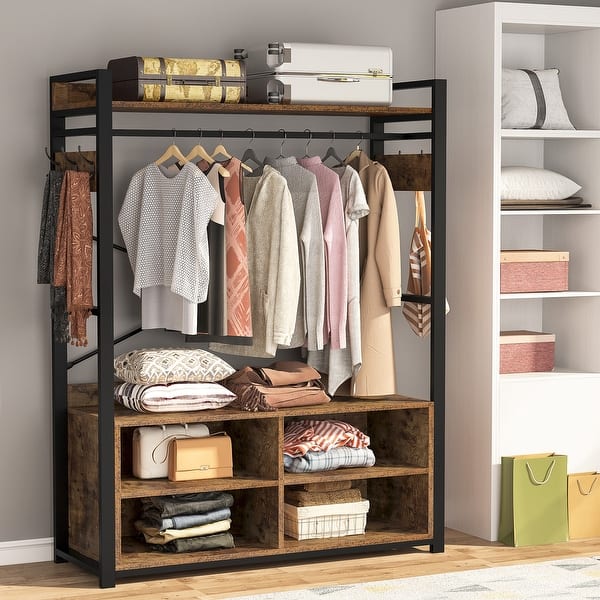 Metal Wood Free-standing Closet Clothing Rack Closet Organizer System ...