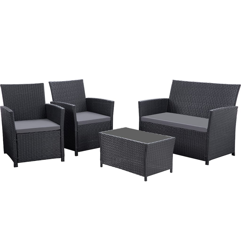 4 Piece Outdoor PE Wicker Furniture Set, Patio Black Rattan Sectional Sofa Couch with Washable Cushions
