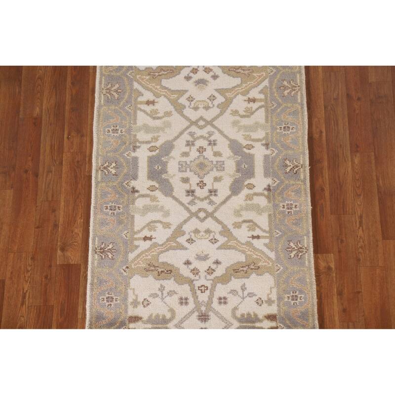 Floral Beige Oushak Oriental Runner Rug Handmade Wool Carpet - 2'7"x 7'10"