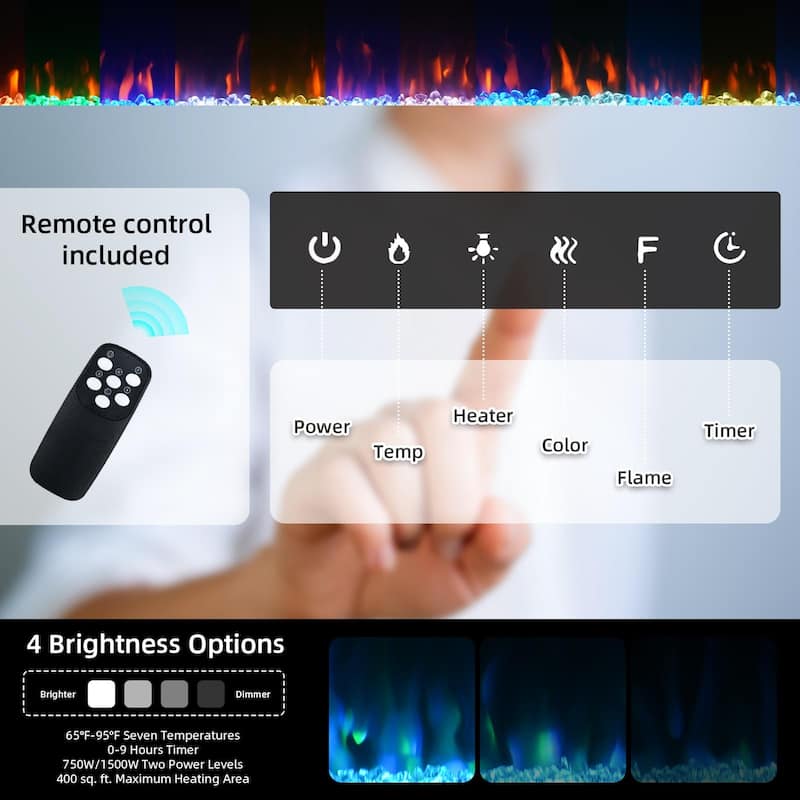 100'' Electric Fireplace Inserts, Recessed and Wall Mounted Fireplace with Timer, Remote Control, Adjustable LED Flame - 100"
