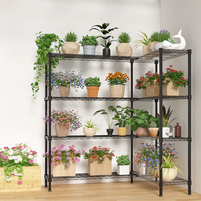 4-Tier Double-Sided Black Iron Display Rack with Adjustable Shelves and Non-Slip Feet - 147(L) x 35(W) x 150(H) cm