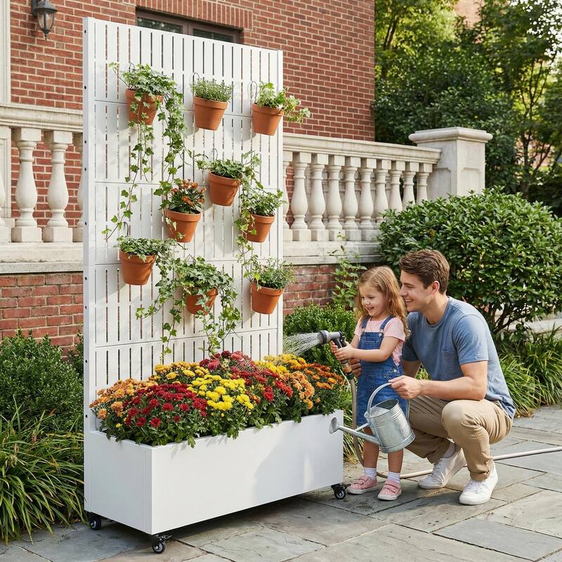 Raised Garden Bed Planter with Trellis Movable Planter Box with Lockable Wheels