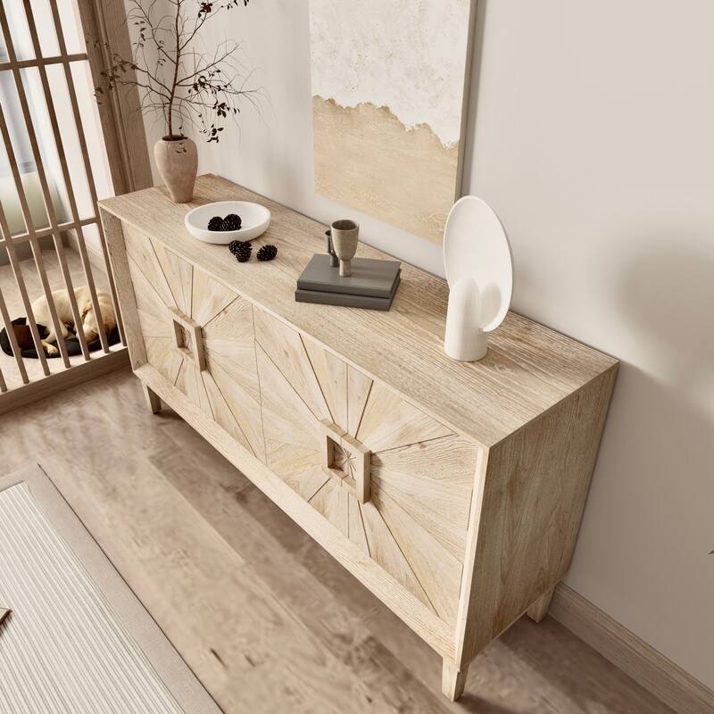 Rustic American Farmhouse Credenza - Symmetrical Sunburst Door Design,TV Stand with Adjustable Shelves, Storage Cabinet
