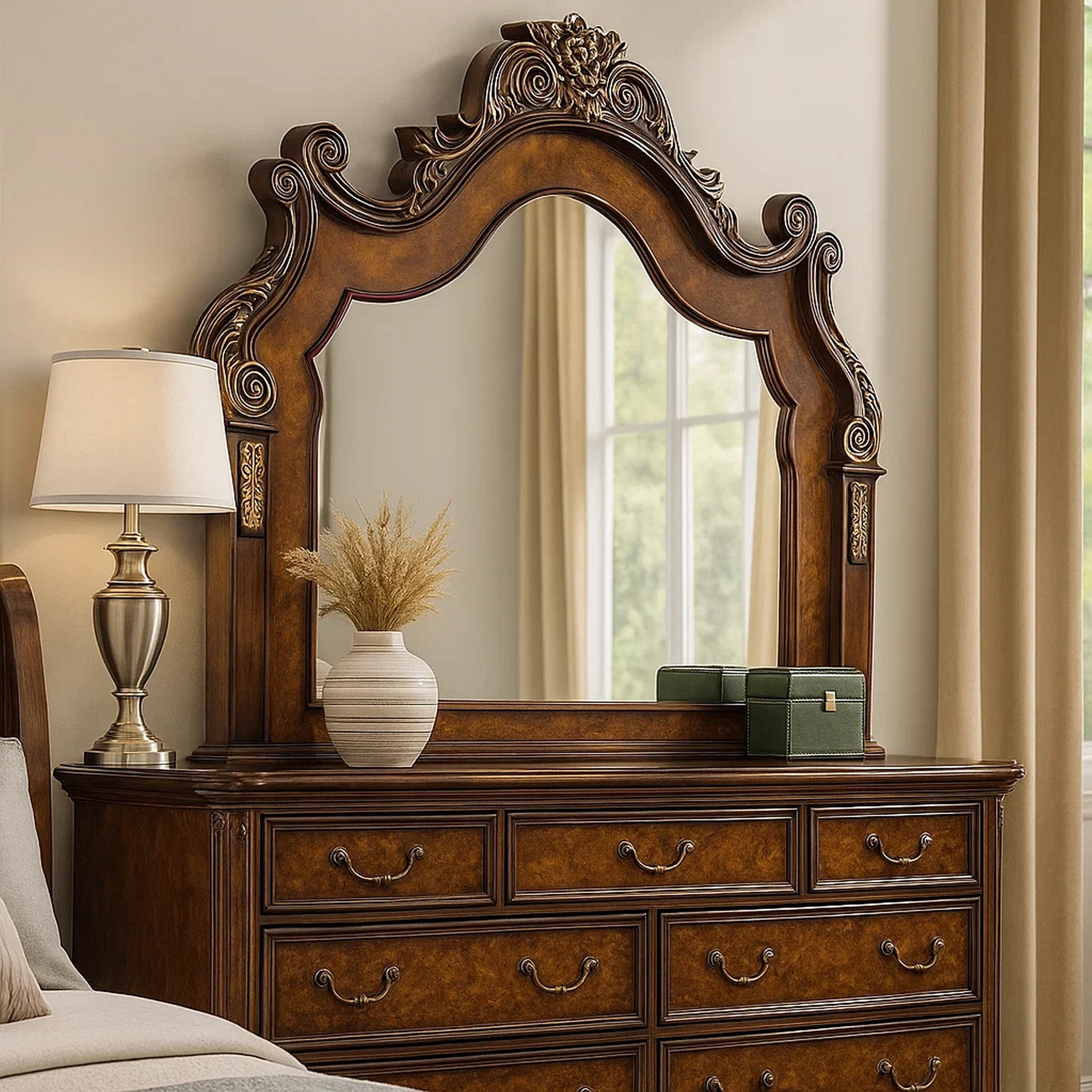 Iliana Dresser Mirror, Beveled Glass, Ornate Oak and Dark Cherry