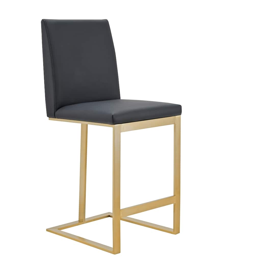 Cid Anki Counter Stool Chair, Dark Gray Faux Leather, Brass Stainless Steel