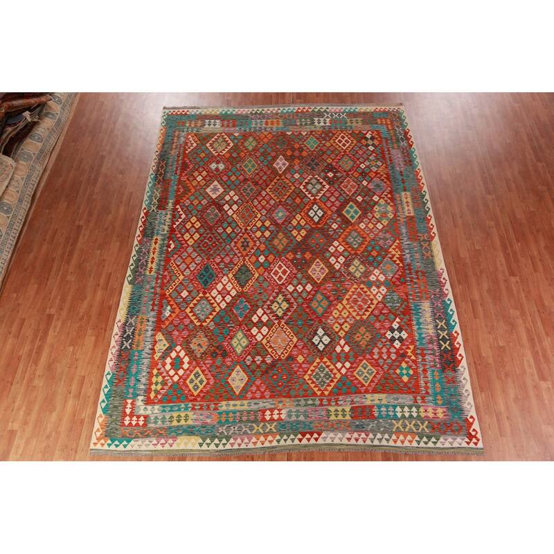 Reversible Kilim Oriental Area Rug Flatweave Dining Room Wool Carpet - 9'10"x 13'0"