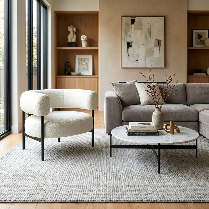 Ayuka White Boucle Accent Chair with Black Iron Legs