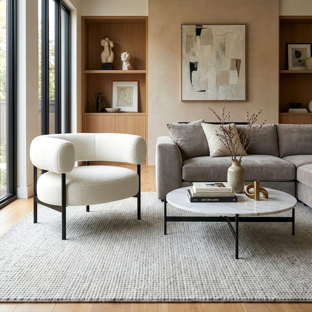 Ayuka White Boucle Accent Chair with Black Iron Legs