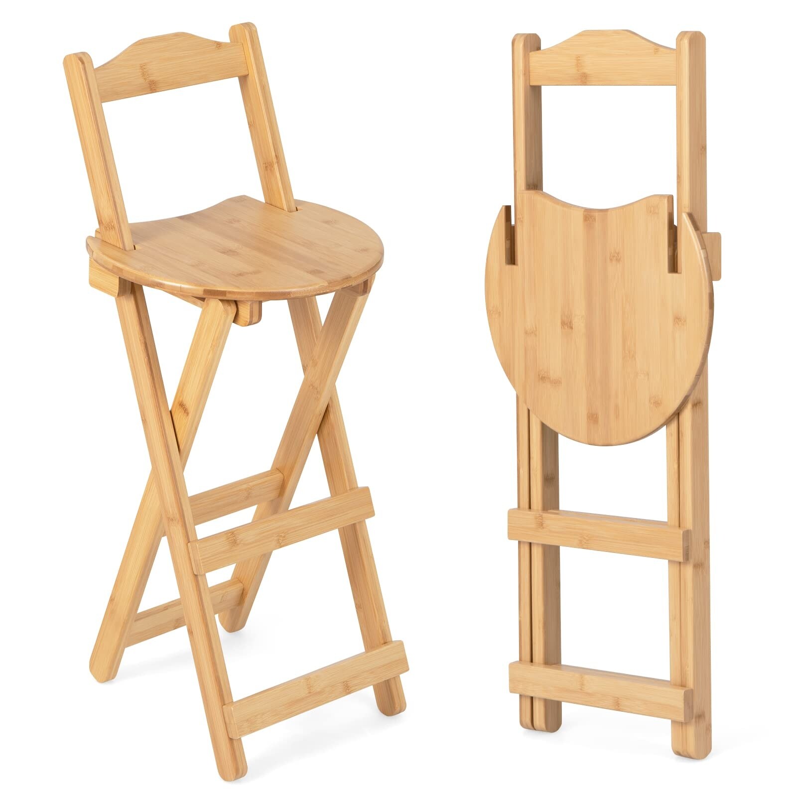 Folding Bamboo Bar Stools Set of 2, 24-inch Kitchen Counter Height