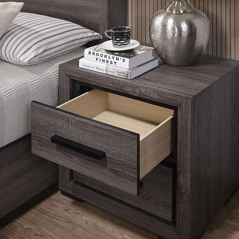 2-Drawer Gray Nightstand, Modern Bedroom Furniture with Two-Tone Design and Black Trim, Paper Veneer Bedside Table