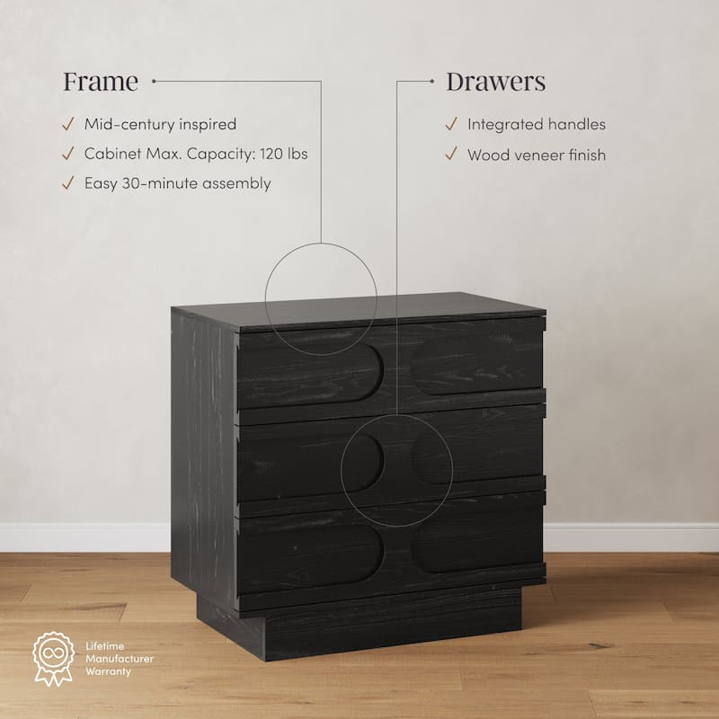 Iris 3 Drawer Dresser, Mid-Century Modern Solid Wood Dresser for Bedroom