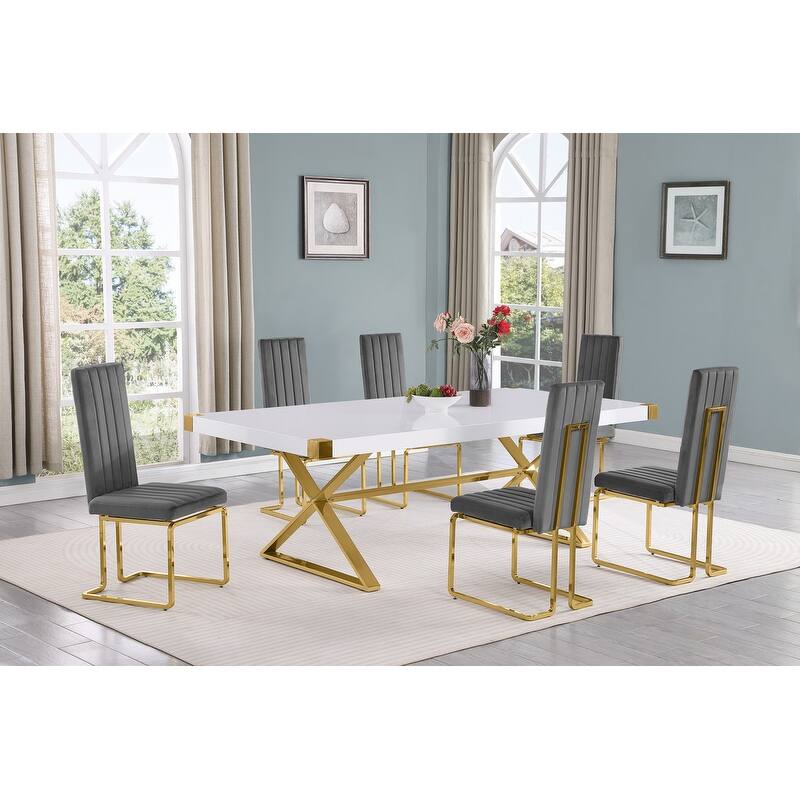 Best Quality Furniture D442/3-SC340-7 Dining Set with 94" White Lacquer Wood Top - 7-Piece - Dark Grey / Gold
