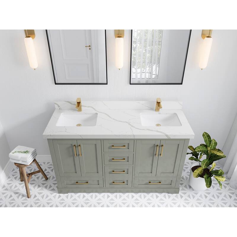 Willow Collection 60 in W x 22 in D x 36 in H Boston Double Bowl Sink Bathroom Vanity with Countertop - 2"Calacatta Laza - Evergreen