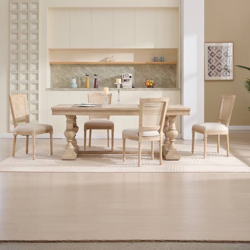 Dining Chairs Set of 2, Upholstered Chairs with Nature Rattan T-shaped Back, Wire Drawing and Carving Techniques,Disassemblable