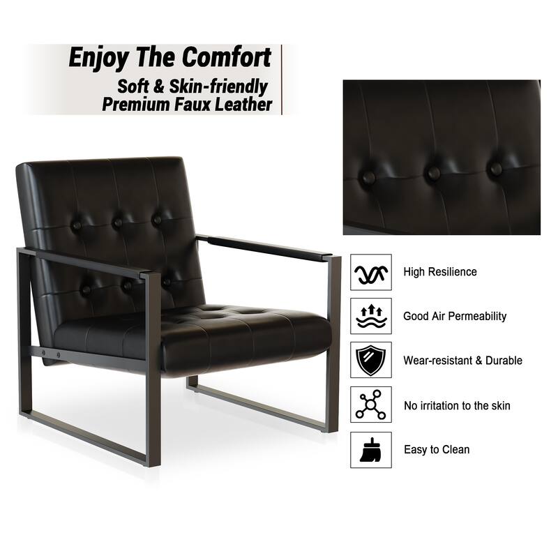 Mid-Century Style Faux Leather Accent Chair, Armchair with Steel Frame, Modern Single Sofa Chair for Living Room Bedroom Office