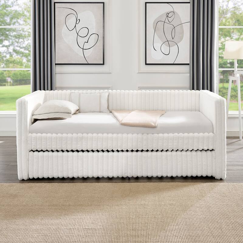 Striped Corduroy Fabric Upholstered Daybed with Trundle,Twin Size