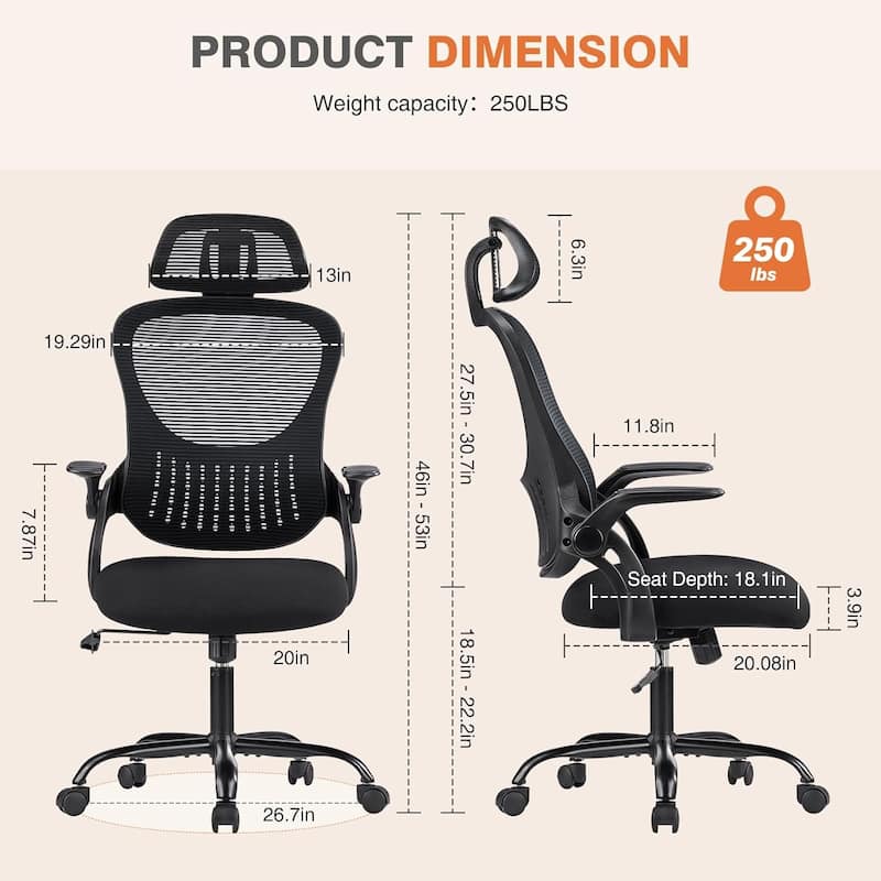 Office Computer Desk Chair, Ergonomic High-Back Mesh Rolling Work Chairs with Wheels &Adjustable Headrests, Comfy Flip-up Arms