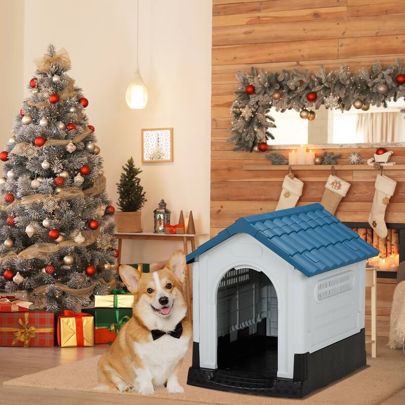 Plastic Dog House with Air Vents, Elevated Floor, Insulated Outdoor Indoor Kennel for Small Dogs