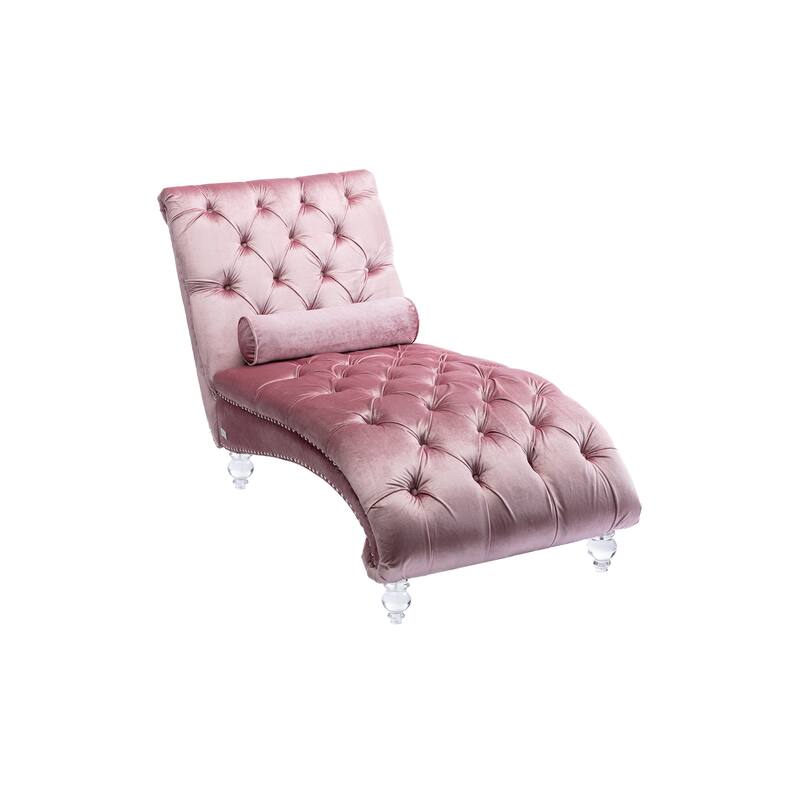 Pink Modern 63.98" Upholstered Buttons Tufted Chaise Lounge Chair with Pillow and Acrylic Legs