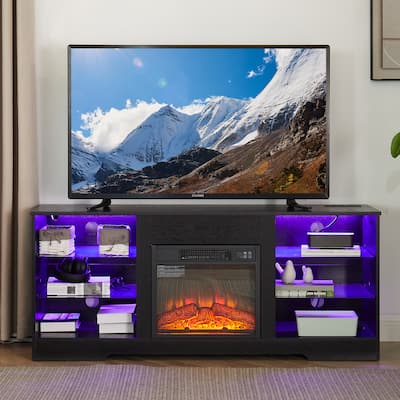 3D LED Electric Fireplace TV Stand,60" Max TV Capacity,Glass Shelves,USB Charging Port & LED Lighting,58"W x 15.5"D x 24.4"H