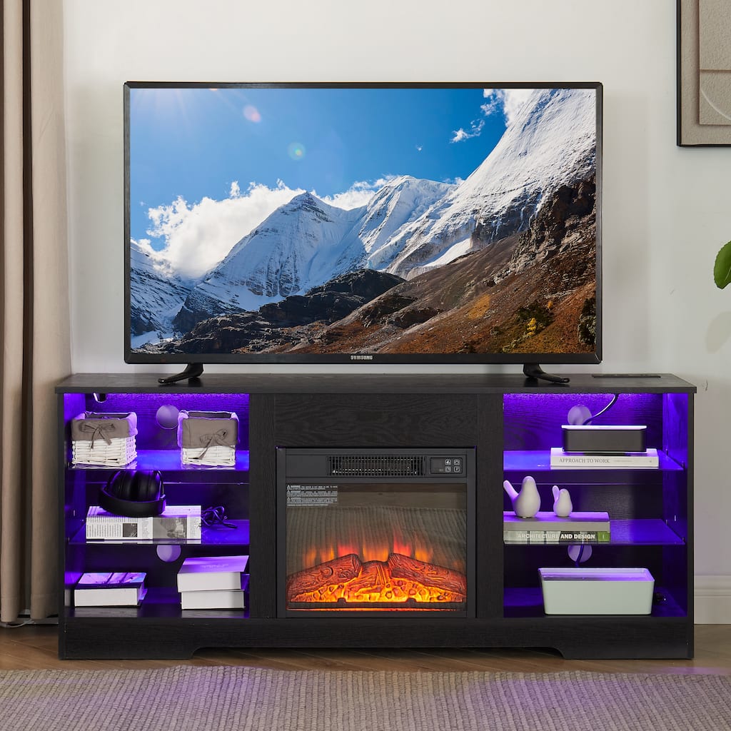 3D LED Electric Fireplace TV Stand,60" Max TV Capacity,Glass Shelves,USB Charging Port & LED Lighting,58"W x 15.5"D x 24.4"H