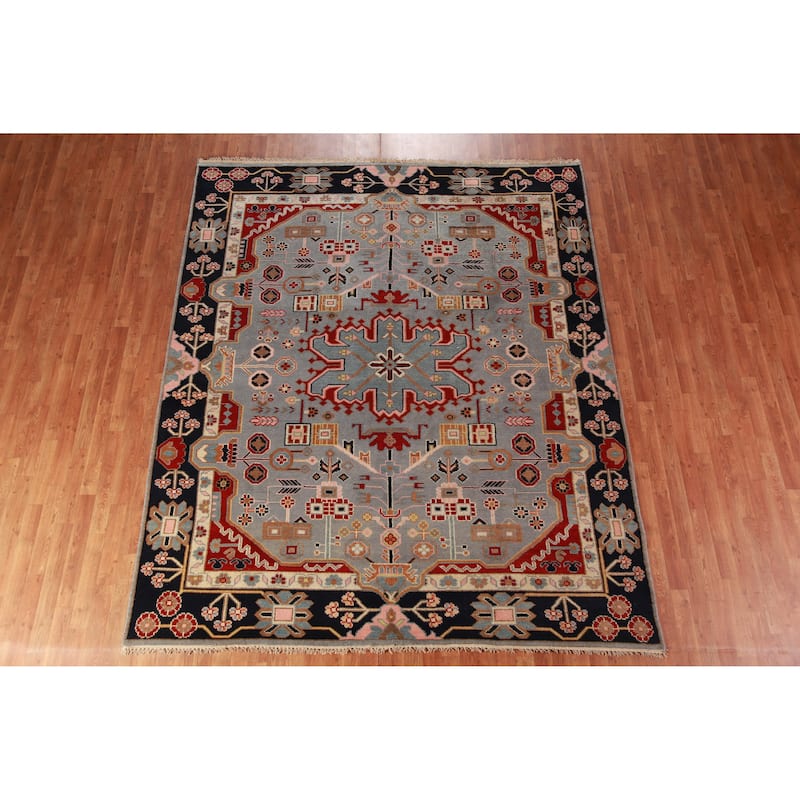 Hand Knotted Oriental 100% Wool Carpet Traditional Medallion Navy Blue & Blues Kazak Area Rug - 9' 9'' X 8' 1''