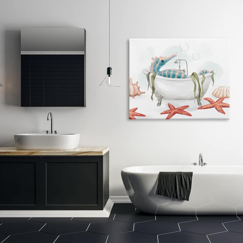 Stupell Seahorse Resting Nautical Bath Tub Starfish Bubbles Canvas Wall Art - Red