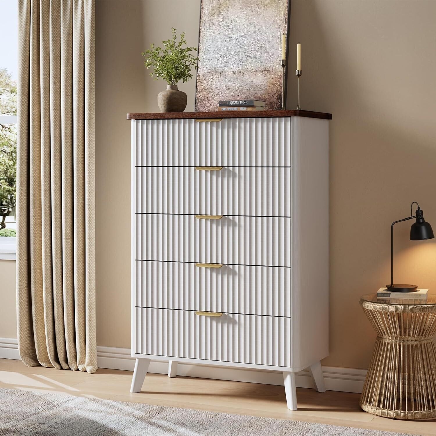 Modern Fluted 5 Drawers Dresser for Living Room, Bedroom