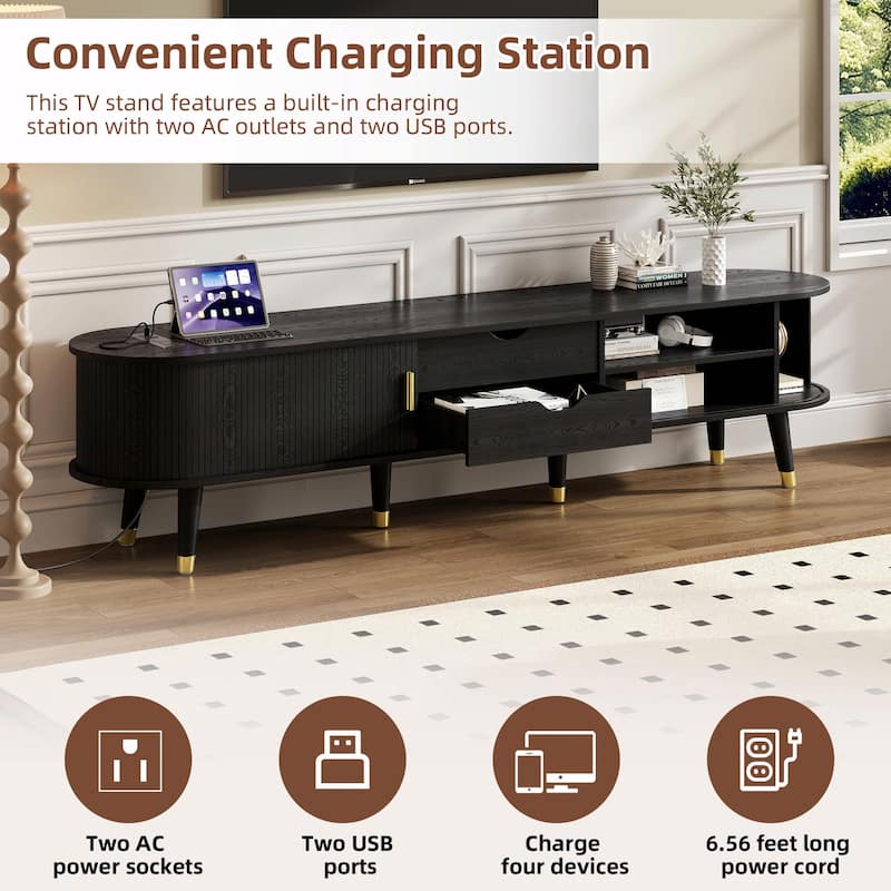 Wooden Oval Fluted TV Stand with Charging Station for TVs Up to 80"