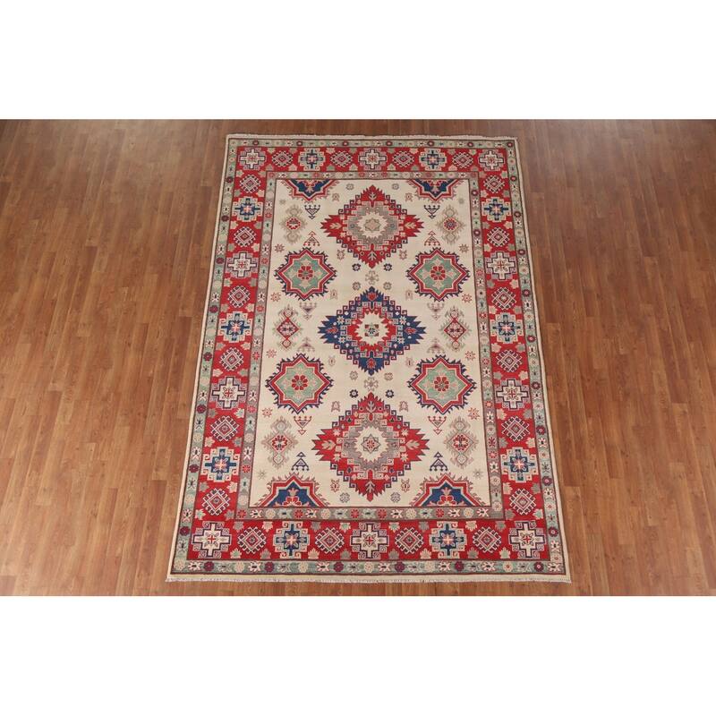 Hand Knotted Oriental 100% Wool Carpet Traditional Geometric Beige & Ivories Kazak Area Rug - 9' 9'' X 6' 8''