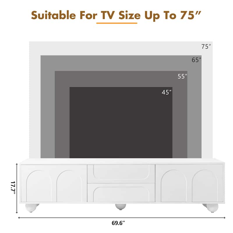 Cream Style TV Stand with Arched Doors and 2 Drawers, for TVs Up to 75" - 69.6" W × 15.7" D × 17.7" H