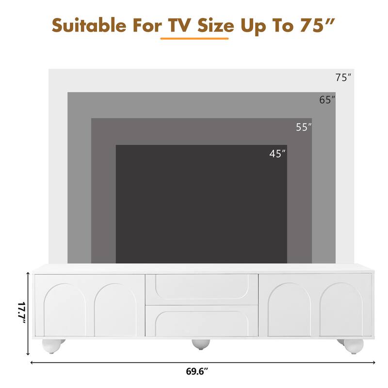 Modern TV Stand Arched TV Stand for TVs up to 75 Inches with 2 Drawers and Rebound Device, for Living Rooms and Bedrooms