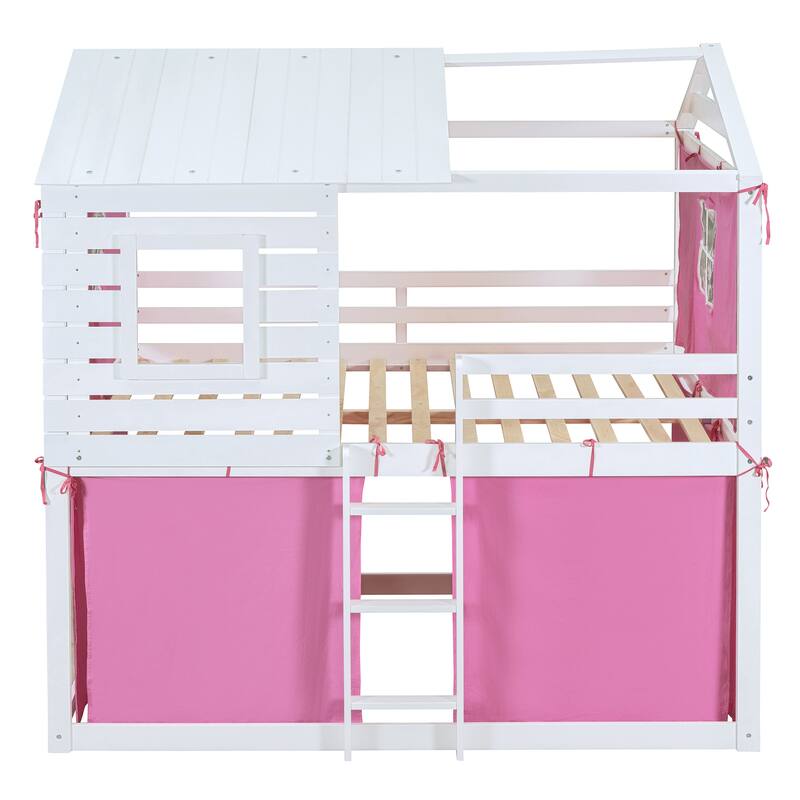 Pink+White Full Size Solid Wood House Bunk Bed with Tent, Ladder and Fence for Kids, Bedroom