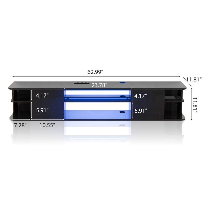 Black UV Wall Mounted TV Stand 2 Door with RGB 4-Hole Socket - Black