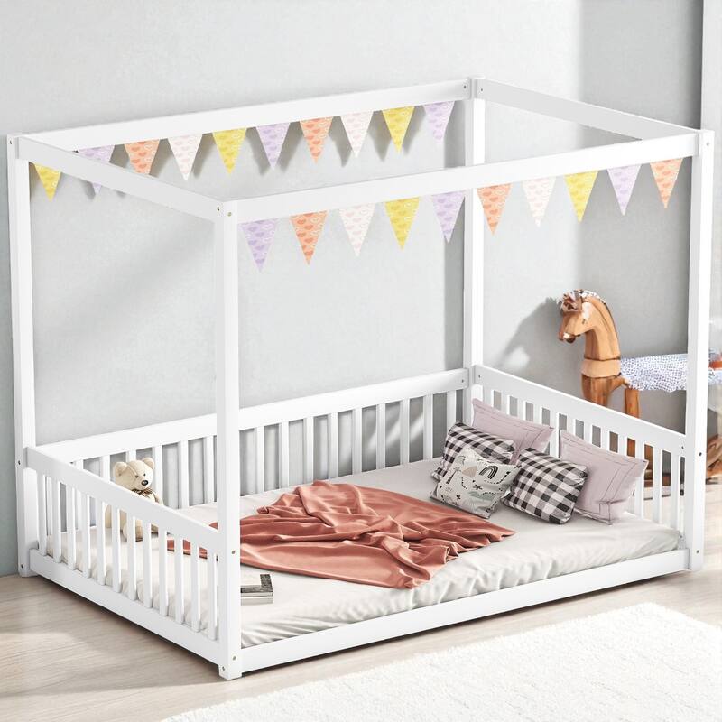 Full Size Wooden Canopy Floor Bed with Guardrails and Fence, Rubber Wood Frame, Kids Montessori Bed - White - Full