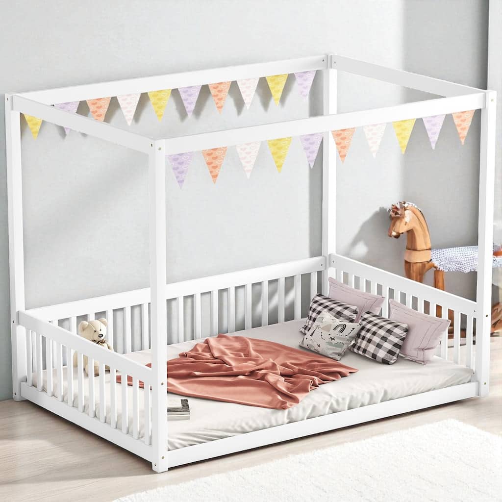 Full Size Wooden Canopy Floor Bed with Guardrails and Fence, Rubber Wood Frame, Kids Montessori Bed