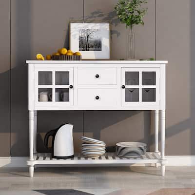 Farmhouse Sideboard with Glass Doors, Bottom Shelf & 2 Drawers, White