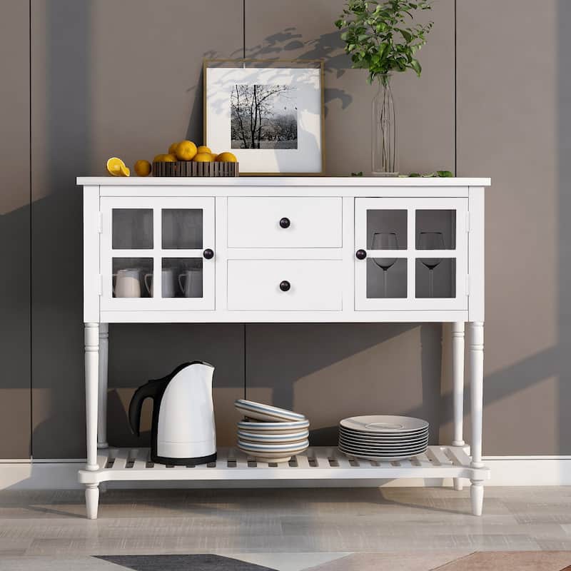 Sideboard Console Table with Bottom Shelf, Farmhouse Wood/Glass Buffet Storage Cabinet Living Room (Antique Grey)