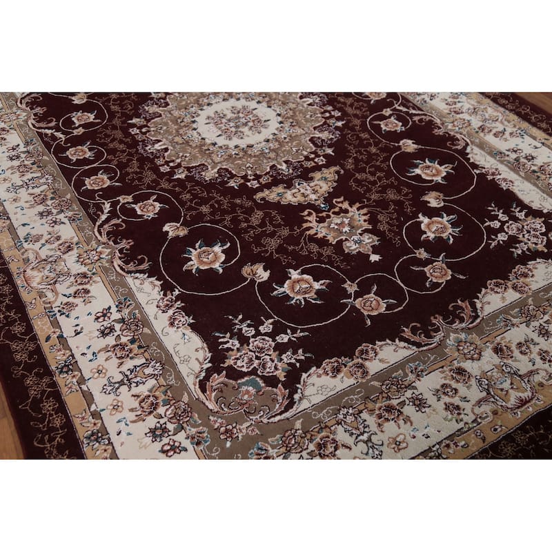 Burgundy Red Floral Aubusson Area Rug Machine Made Carpet - 6'6" x 9'10"