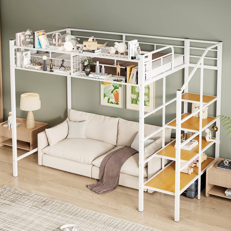 Twin Size Metal Loft Bed with Upper Storage Shelf and Lateral Ladder, White - White