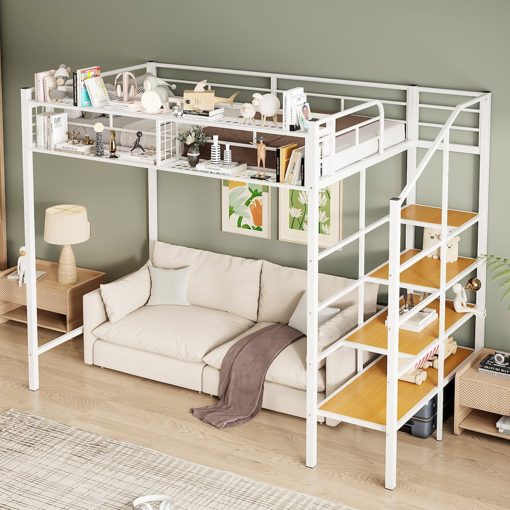 Twin Size Metal Loft Bed with Upper Storage Shelf and Lateral Ladder, White