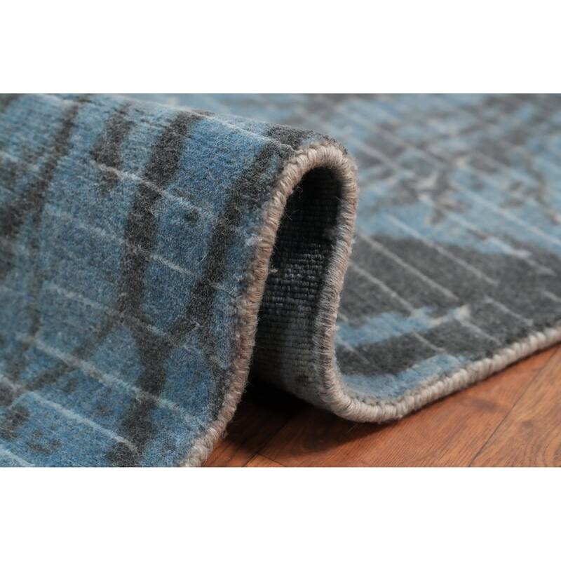 Hand Knotted Oriental Viscose Silk Carpet Modern Abstract Navy Blue & Blues Abstract Runner Rug - 4' 8'' X 2' 4''