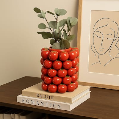 Nyssa Decorative Ceramic Tomato Vase, Green Red Glazed, 12 Inch