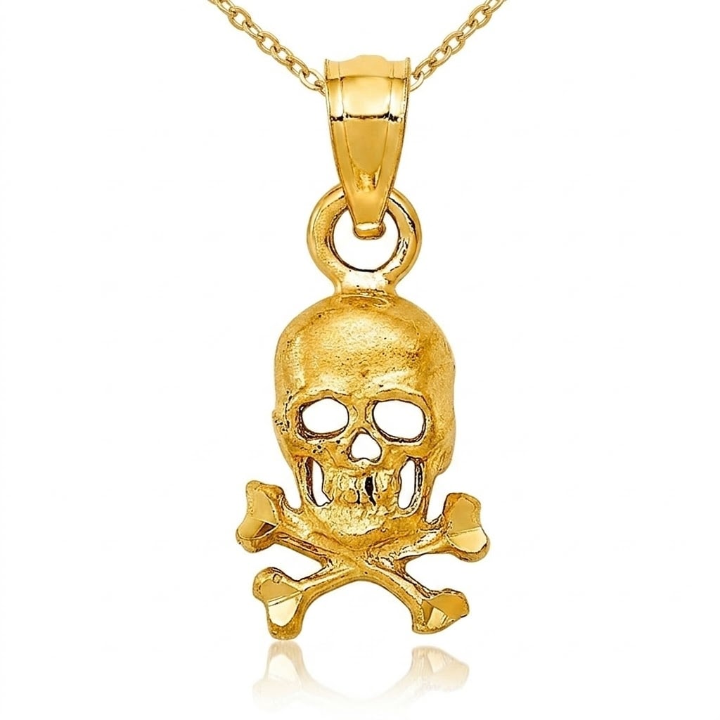 Curata 14k Yellow Gold 18" DiamondCut Skull and Cross Bones Necklace - 19.2x7.9mm