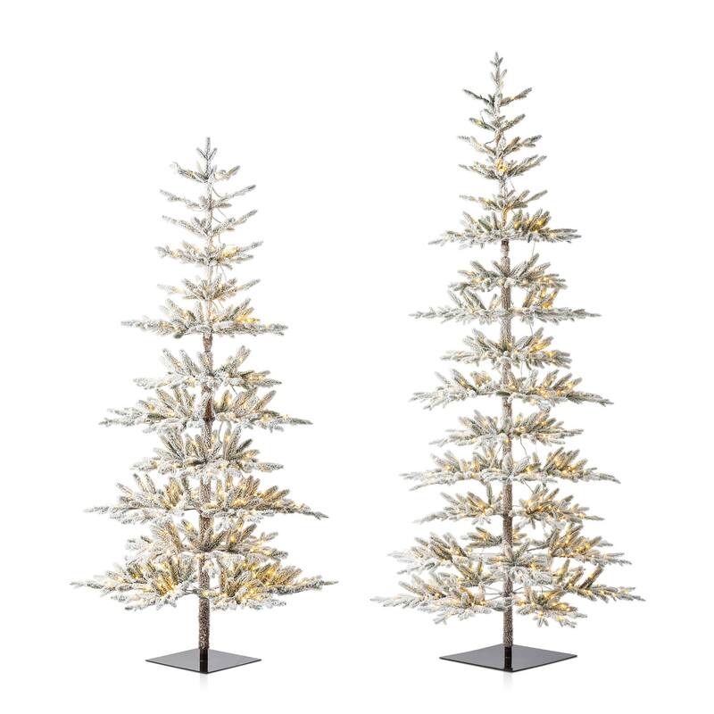 Glitzhome 6/7/9 FT Pre-Lit Flocked Slim Snowscape Fir Artificial Christmas Trees 2 or 3-Piece Set